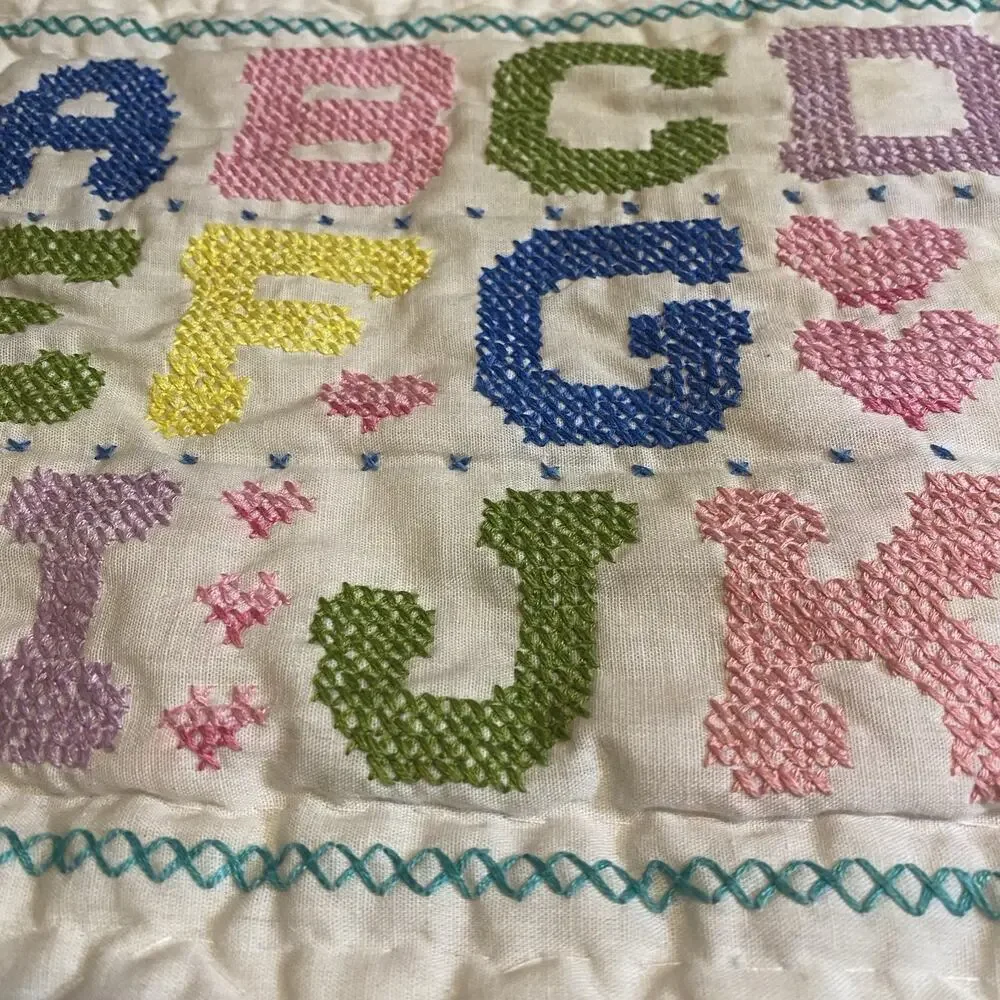 Vintage 1970s Crib Baby Coverlet Embroidery Needlepoint Novelty Quilted Blanket